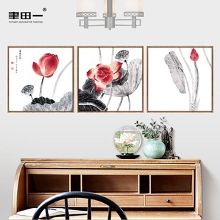 新中式客厅大厅书房玄关卧室w背景大气水墨丹青超值荷叶花装饰挂