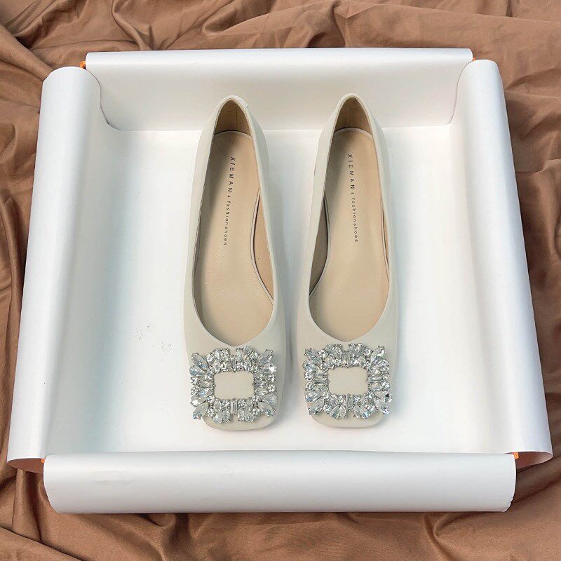 黑色职业高跟鞋女粗跟2025年新款秋冬法式方头水钻X低跟浅口单鞋