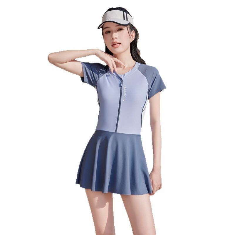 运动泳衣女新款保守连体带拉链泳装学H生平角裤遮肚显瘦大码游泳