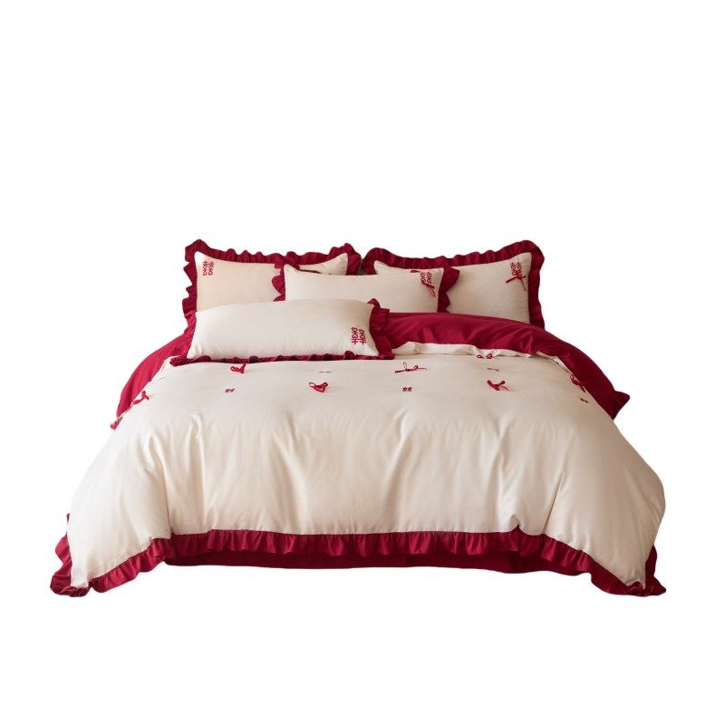 A类浪漫法式花边婚庆四件套y喜刺绣全棉结婚被套婚嫁床上用品4,床上用品,婚庆床品套件,淘宝优惠券,粉丝福利购,淘宝优惠卷