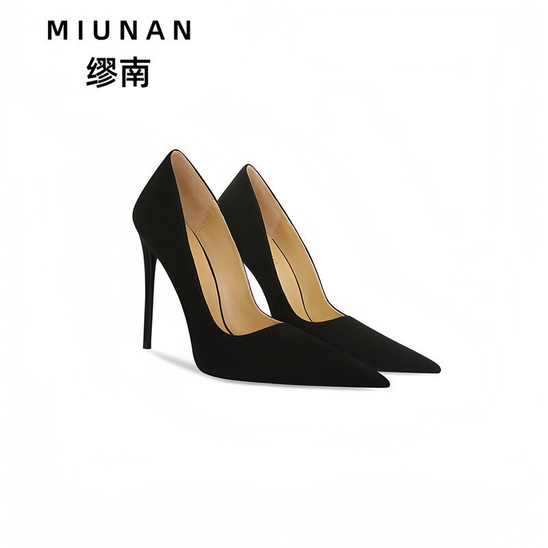 2024春秋新款k黑色绒面高级感女高跟鞋12cm尖头细跟不累脚职业单