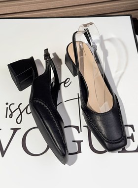 软皮黑色通勤职业一字带方头粗跟高跟鞋女2025年新V款方头后空凉