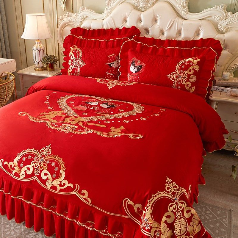中式结婚庆全棉k床盖四件套高级感刺绣花被套大红床上用品,床上用品,婚庆床品套件,淘宝优惠券,粉丝福利购,淘宝优惠卷