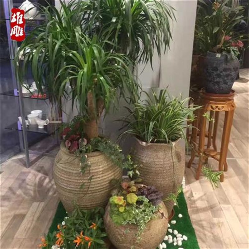 高档粗陶陶罐落地三件套s组合花器特大号花瓶陶客厅庭院缸陶瓷景