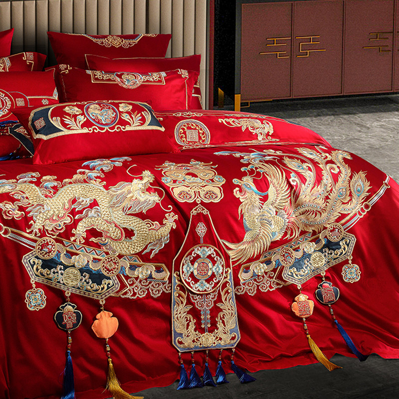 中式龙凤婚庆全棉刺绣结t婚四件套喜庆大红色被套婚房床上用品,床上用品,婚庆床品套件,淘宝优惠券,粉丝福利购,淘宝优惠卷