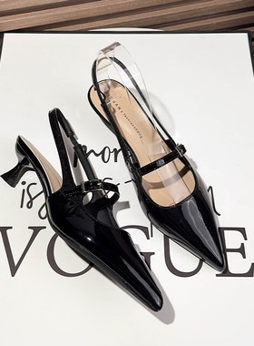 尖头凉鞋女细跟夏季2025年新款黑色一字带后空Q职业漆皮包头高跟