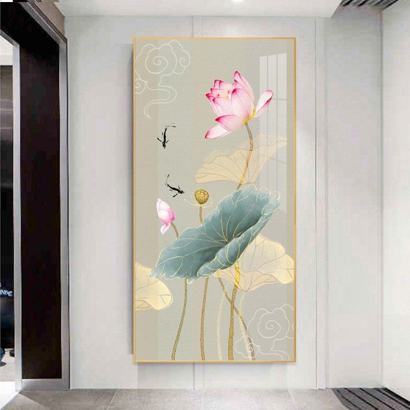 荷九鱼图入户玄关装饰画新走廊过道竖背景墙壁画挂画晶瓷,家居饰品,现代装饰画,淘宝优惠券,粉丝福利购,淘宝优惠卷