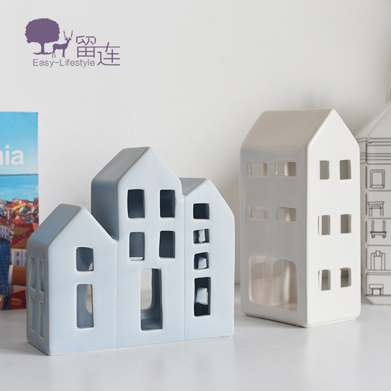现代蓝色白色镂空房子建筑烛台样板房儿童房软饰品