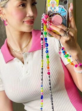 甄选KKBEAD日韩风小众彩色玻璃米珠水晶风铃斜跨长款手机链挂件饰