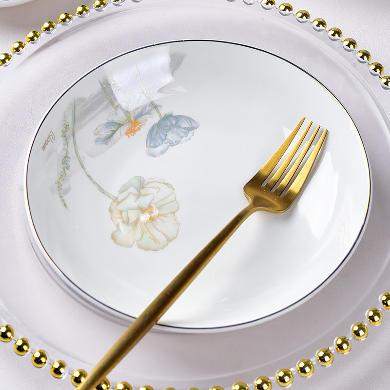 玉珑陶瓷盘子家用菜盘子金边轻奢饭盘圆盘中式梅花盘正方形盘鱼盘,餐饮具,盘,淘宝优惠券,粉丝福利购,淘宝优惠卷