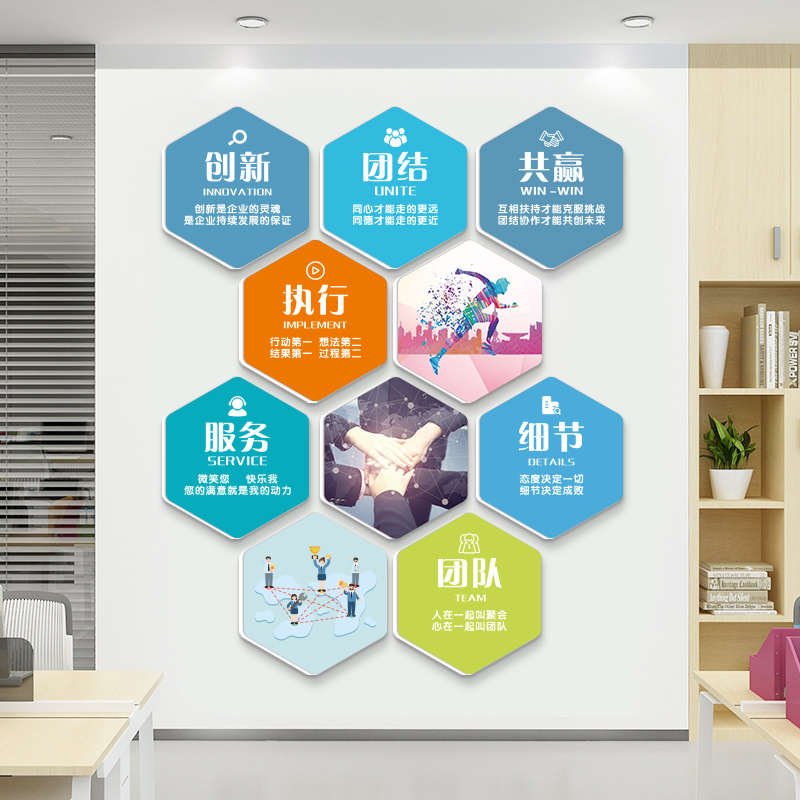 创意六边形办公室墙面装饰画企业文化背景墙会议布置励志墙贴标语