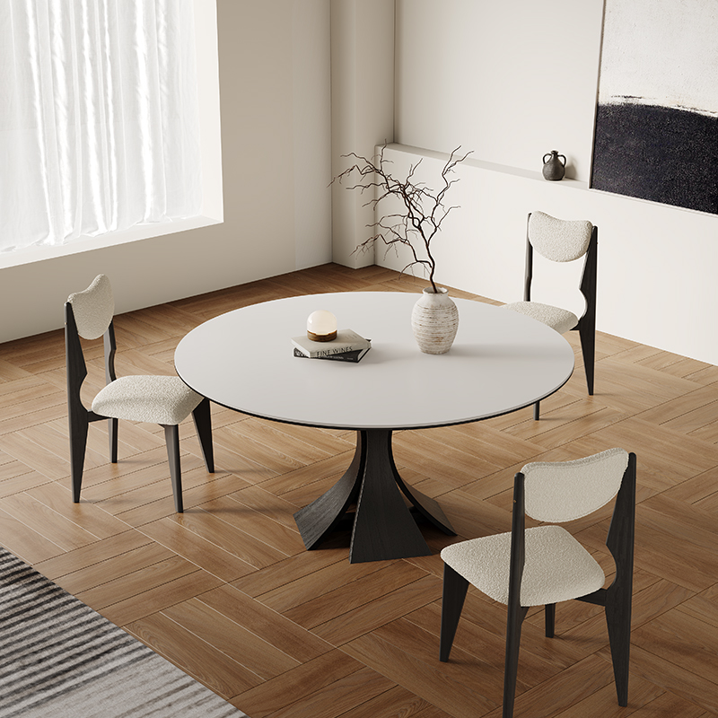 法式实木餐桌圆形带转盘家用小户型黑色高端复古意式亮光岩板餐桌