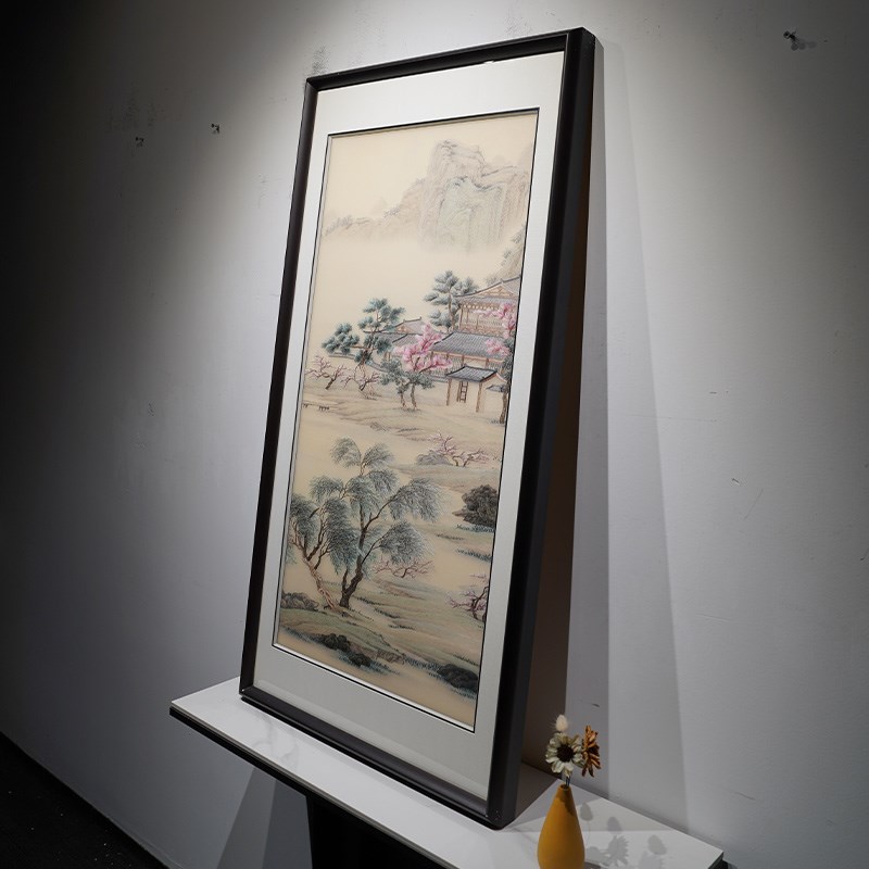 精品客厅挂画宋式山水风景纯手工蚕丝线刺绣新书房饰画