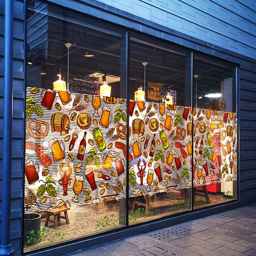 夜宵店铺底纹烧烤啤酒美食腰B线主题静电贴膜玻璃贴纸橱窗