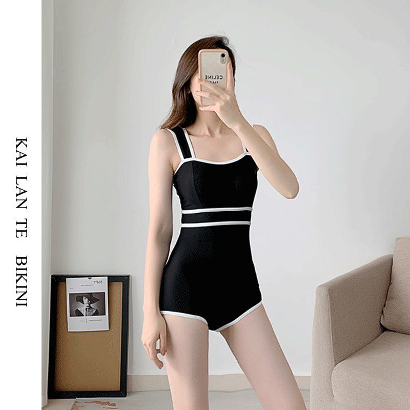 韩国新款黑色连体平角保守学生泳衣小胸聚拢温泉显T瘦遮肚游泳衣