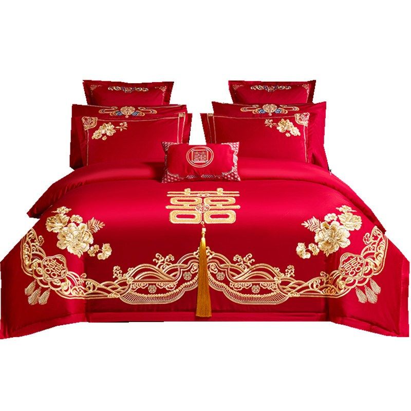 结婚全棉四件套k大红色龙凤刺绣婚庆被子芯新婚陪嫁床上用品,床上用品,婚庆床品套件,淘宝优惠券,粉丝福利购,淘宝优惠卷
