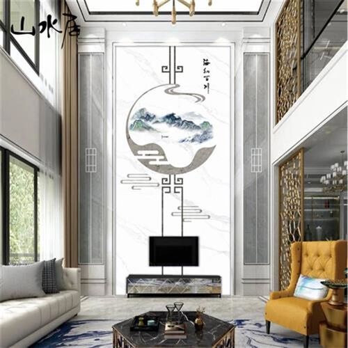 新款别墅挑高复式楼电视背景墙壁纸客厅玄关壁画大气抽.象墙布壁