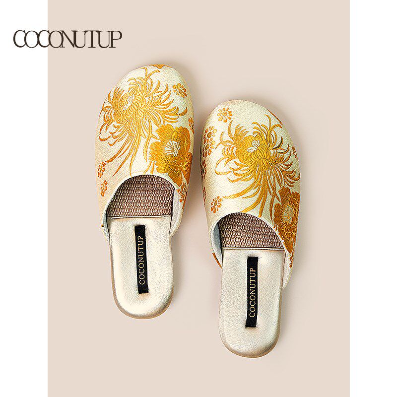 亚麻拖鞋女刺绣2025春秋包头四季家居室内高级感防V滑防臭夏季凉