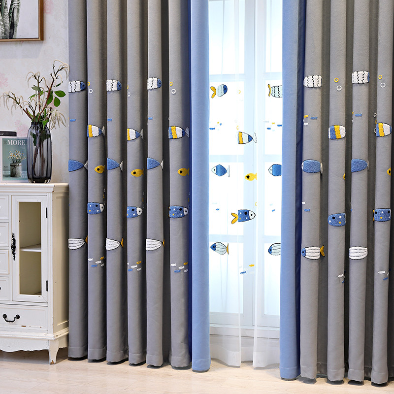 2021年新款窗j帘儿童房女孩男孩卧室飘窗卡通绣花简约小鱼拼接定,居家布艺,定制窗帘,淘宝优惠券,粉丝福利购,淘宝优惠卷