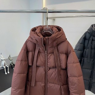 欧货黑色羽绒服女中长款 飘带大被子过膝保Z暖宽松加 2024冬季 新款