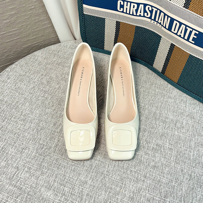 浅蓝色方扣高跟鞋女粗跟2023年新款夏季黑色方头Y浅口软皮单鞋