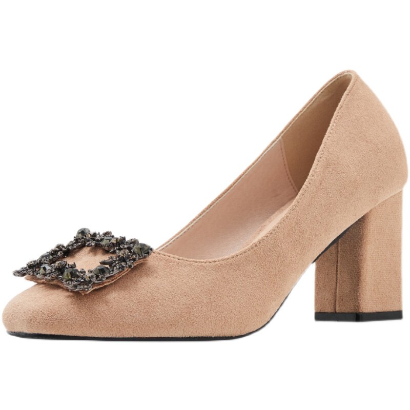 春季新款大码单鞋女41r一43脚胖脚宽水钻方扣粗跟职业通勤高跟女