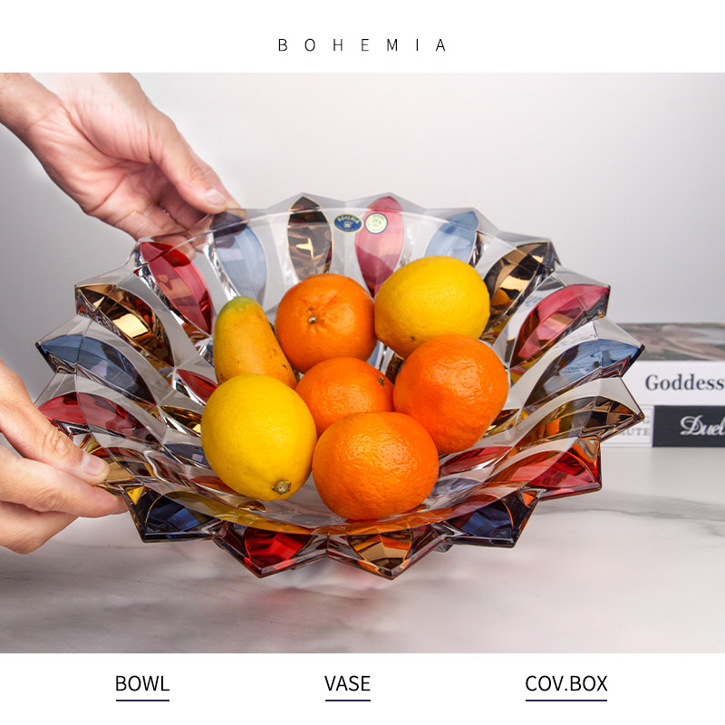 捷克进口BOHEMIA水晶玻璃彩绘果斗家用大号水果盘家居装饰花瓶