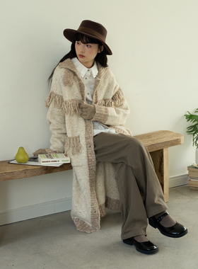 aww 超厚实重工·撞色流苏中长款毛衣外套木制纽扣可翻领/立领