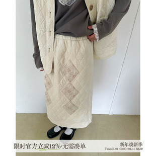 aww 斜裁拼接设计·撞色菱格米白半裙H型裙子加厚秋冬