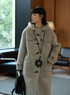 aww 珍珠碎碎·定制珍珠毛呢连帽牛角扣中长款绗棉里布羊毛大衣