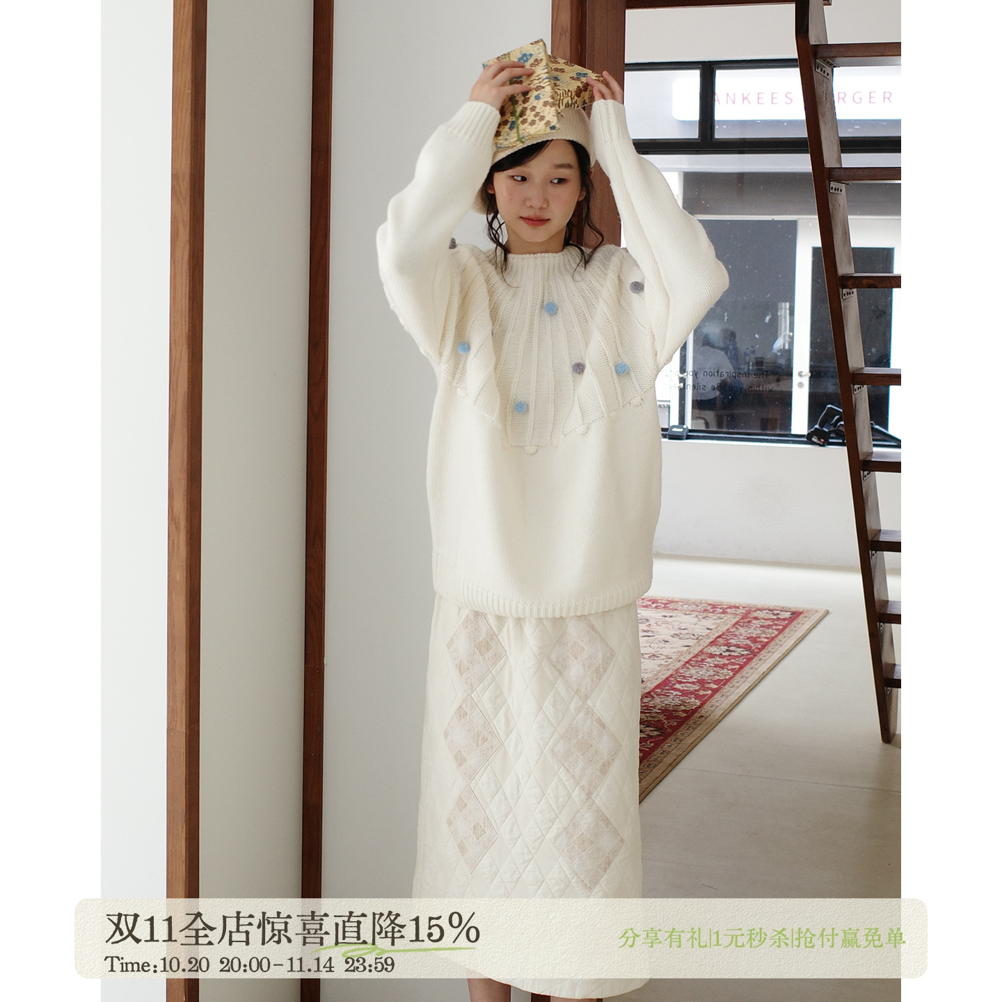 aww 手工毛球·球球套头圆领宽松毛衣羊毛圆领插肩袖上衣