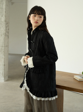 aww 特别的面料·复古宫廷风黑色夹棉外套中长款肌理感秋冬上衣女