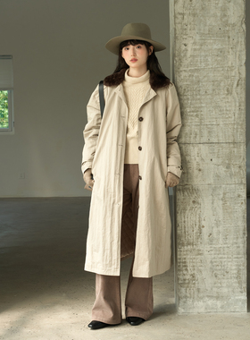 aww  做旧质感廓形·娃娃领撞色卡其色长款棉服秋冬保暖外套