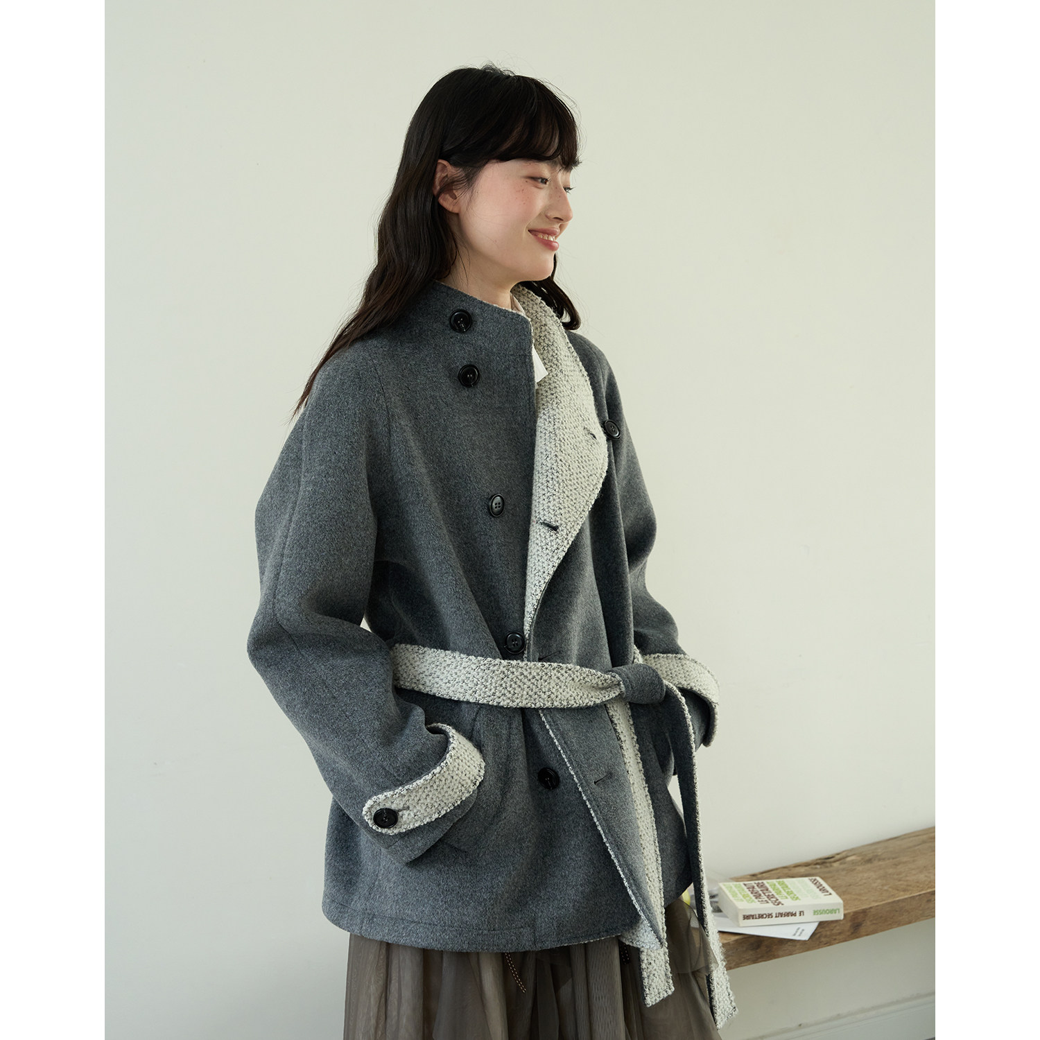 aww 多种穿法·撞色系带立领呢子外套灰色大衣女秋冬可调节腰带