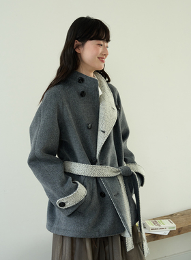 aww 多种穿法·撞色系带立领呢子外套灰色大衣女秋冬可调节腰带