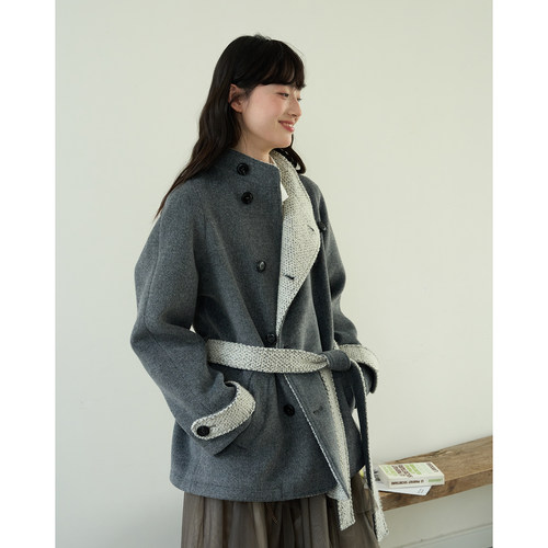 aww 多种穿法·撞色系带立领呢子外套灰色大衣女秋冬可调节腰带