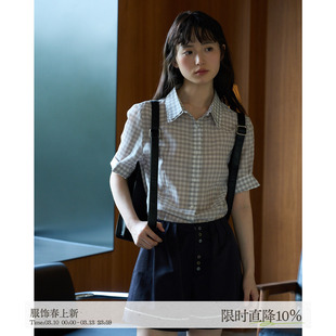 aww 含真丝收腰·灰色格纹短袖衬衫休闲复古收腰亲肤透气小衬衣