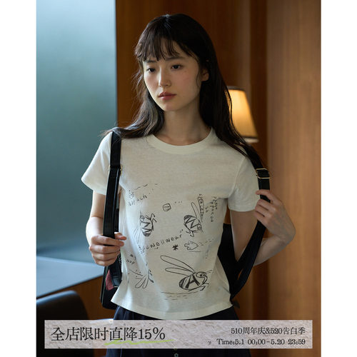 aww 飞来一只小蜜蜂·圆领印花T恤甜酷风短袖字母简约亚麻短上衣