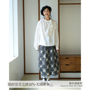 aww 轻盈奶皮感手工花花·翻领系带灯笼袖希塞尔手工刺绣长袖衬衫