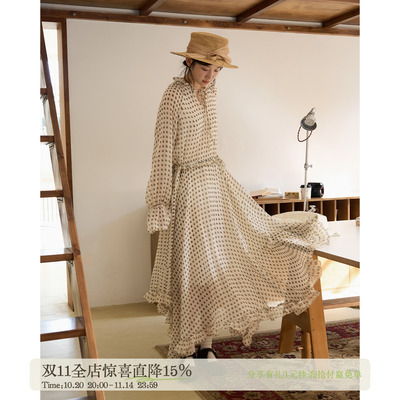 aww 重工·喇叭袖雪纺连衣裙A字v领木耳边大裙摆长裙