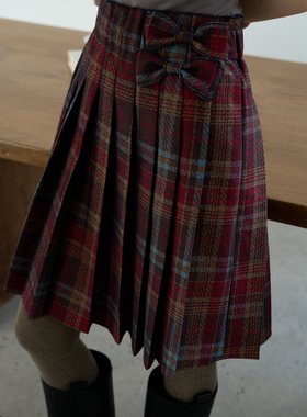 aww 松紧腰密褶·双蝴蝶结中长款百褶半裙直筒型牛仔裙子女2025新