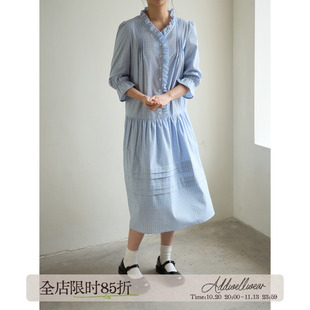 aww 实穿主义·浅蓝色木耳边抽皱七分袖打褶连衣裙早春