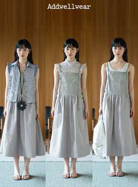 aww 酵洗改造拼接·全棉复古浅颗粒灰无袖背带裙A字抽褶吊带长裙