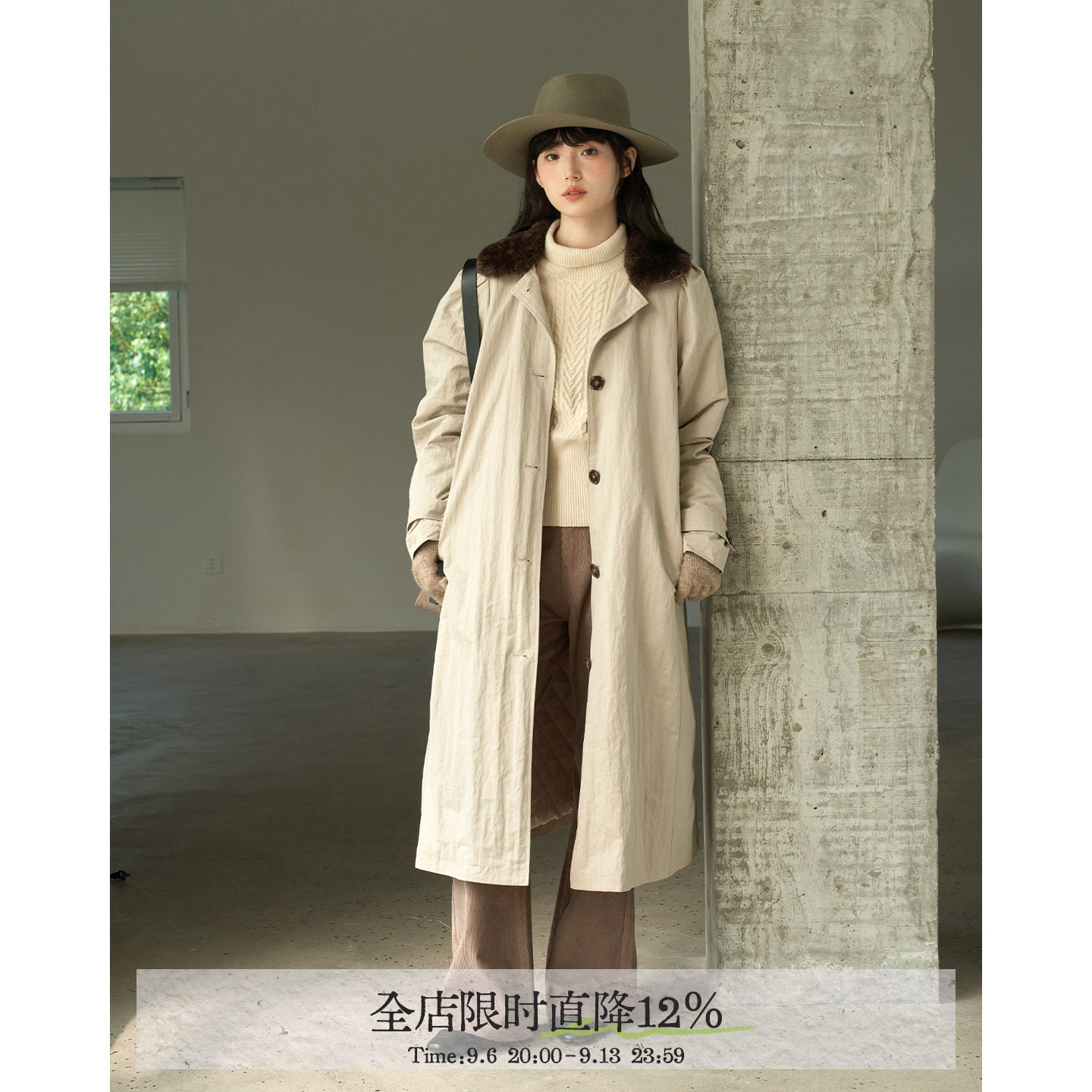 aww  做旧质感廓形·娃娃领撞色卡其色长款棉服秋冬保暖外套图片
