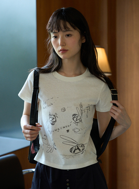 aww 飞来一只小蜜蜂·圆领印花T恤甜酷风短袖字母简约亚麻短上衣