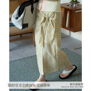 aww 碎碎度假裙·度假风小花半身裙蝴蝶结淡黄色直筒长裙夏季