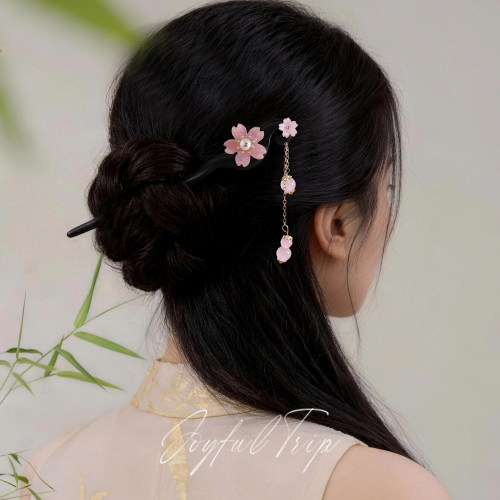 黑檀木樱花流苏发簪子女