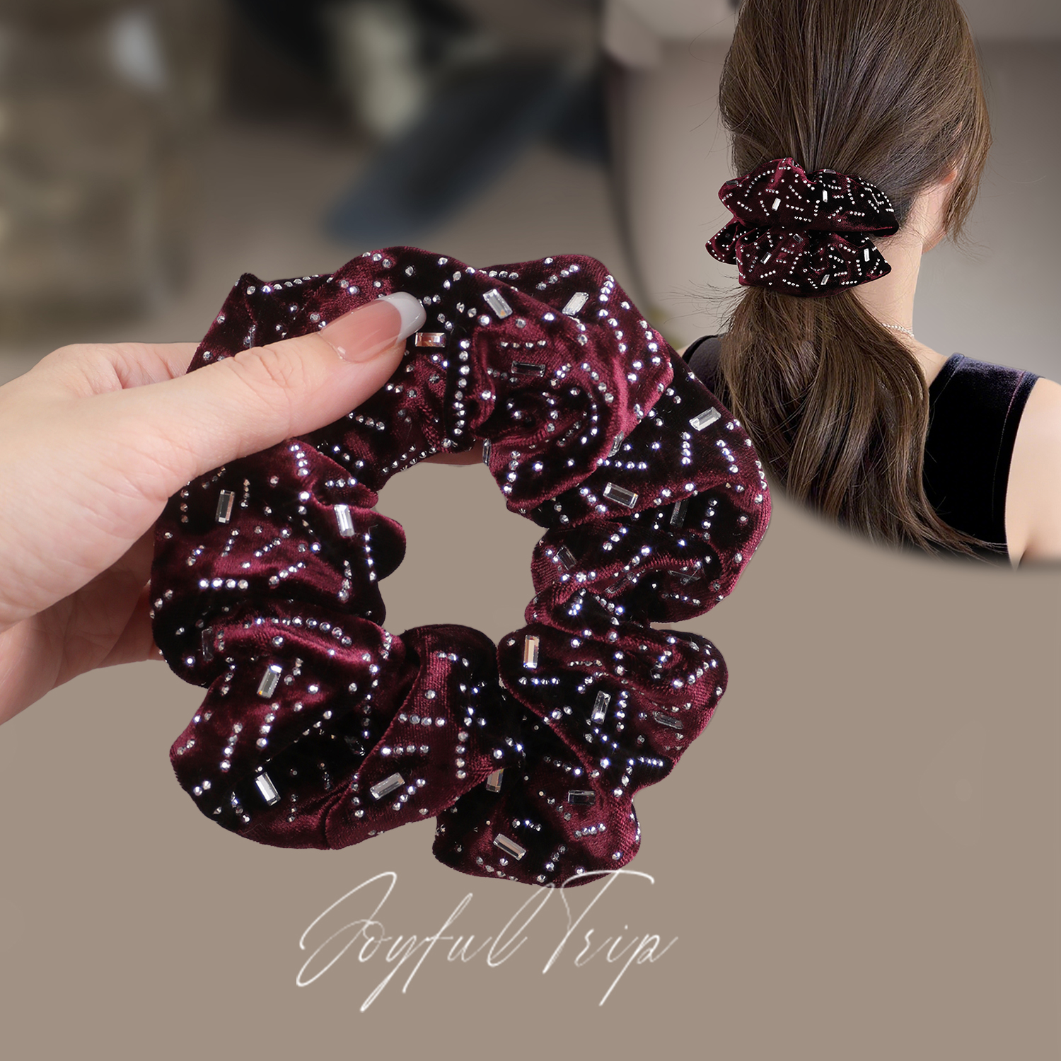 高级感气质水钻丝绒大号发圈