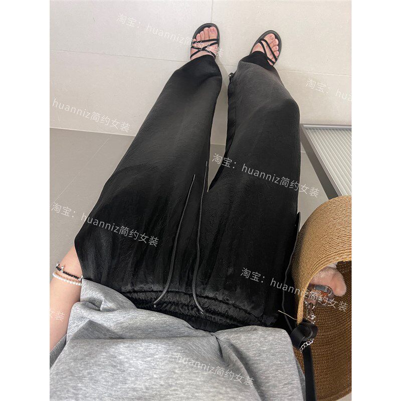 高质感光泽黑色醋酸阔腿裤女夏季薄款丝滑M凉快缎面休闲拖地长裤