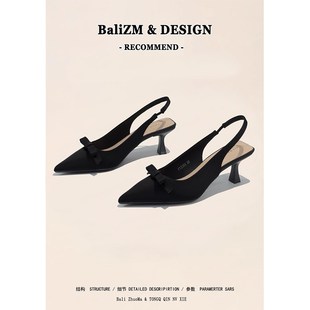 气质缎面尖头e凉鞋女低跟夏季2025年新款黑色一字带包头职业高跟